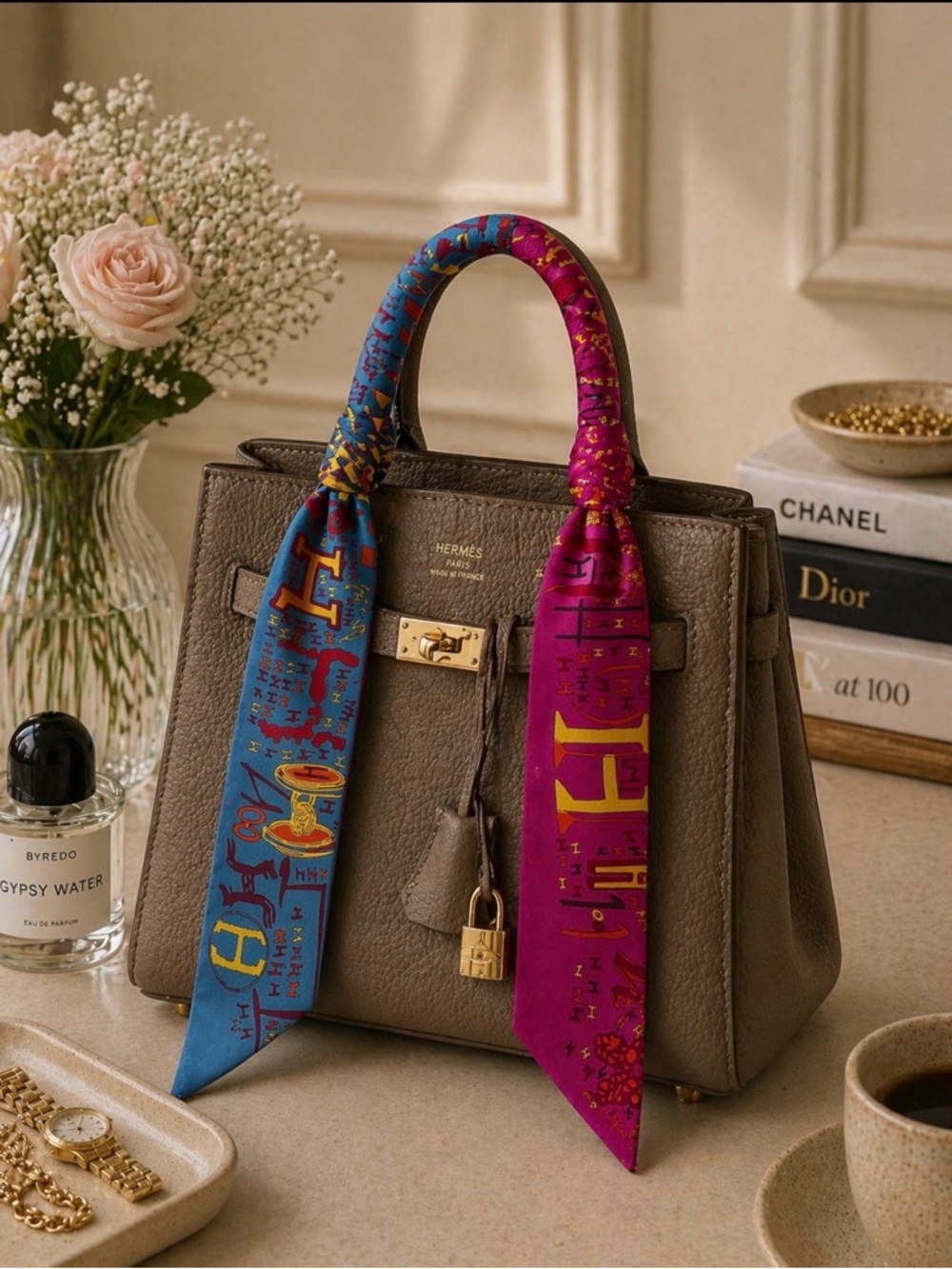 BLUE PINK ABSTRACT STORY PRINT SKINNY SCARF BAG HANDLE HAIR RIBBON NECK TIE